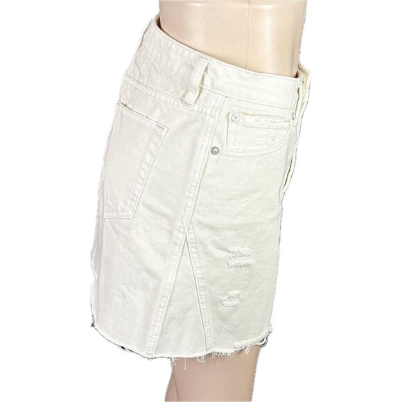 Free People 29 Cream Distressed Button Fly 5 Pocket Cotton Mini Jean Skirt - Picture 3 of 6